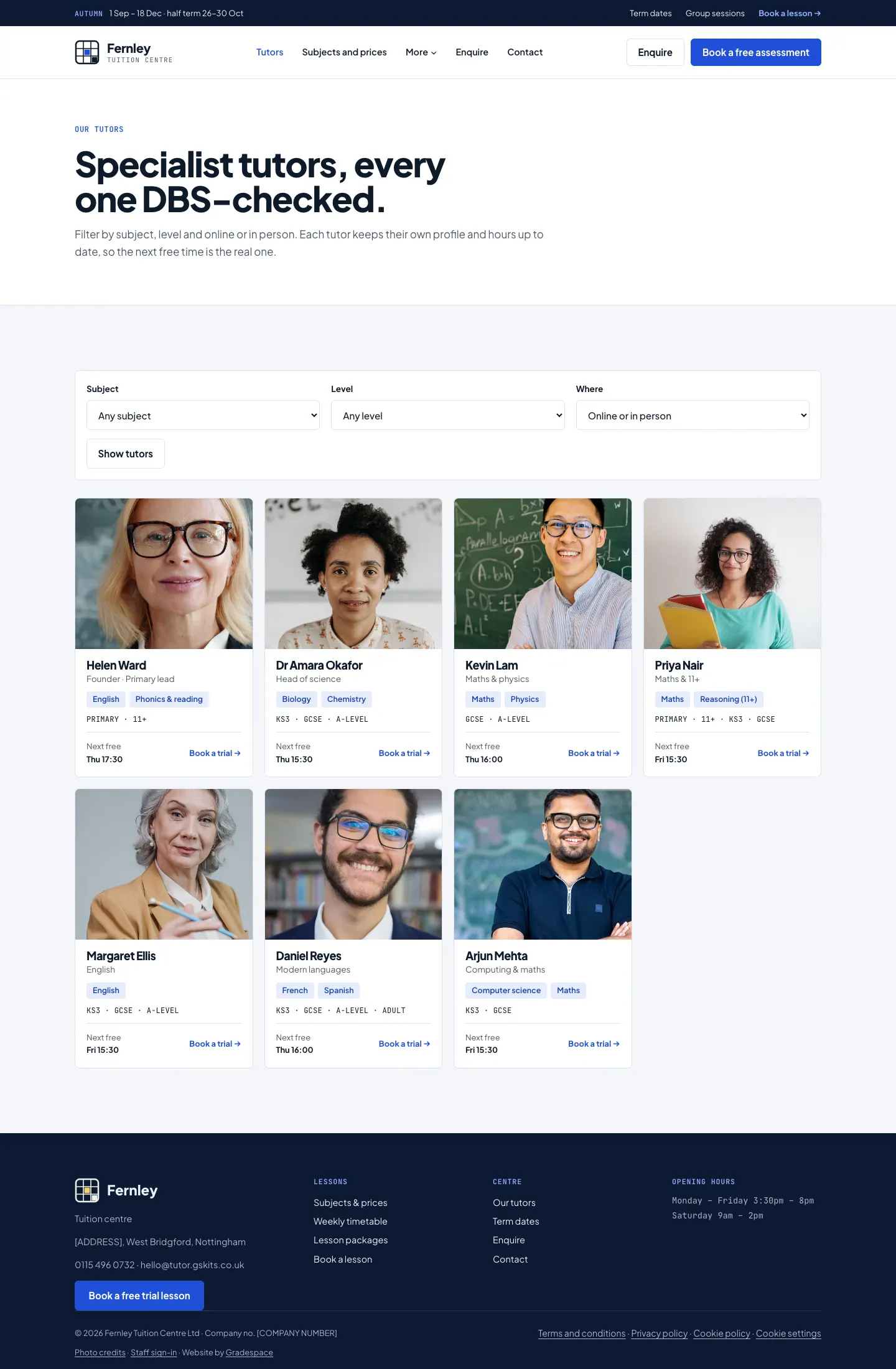 The Our tutors page: filters for subject, level and online or in person, and a card for each tutor with their subjects, levels, next free time and a Book a trial button