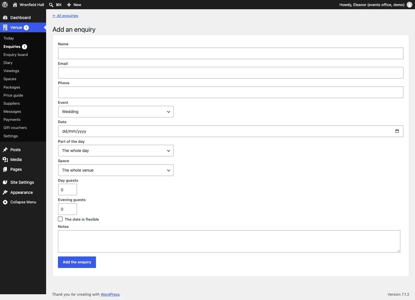 The Add an enquiry form with Name, Email, Phone, Event, Date, Part of the day, Space, Day guests, Evening guests, The date is flexible and Notes, and an Add the enquiry button