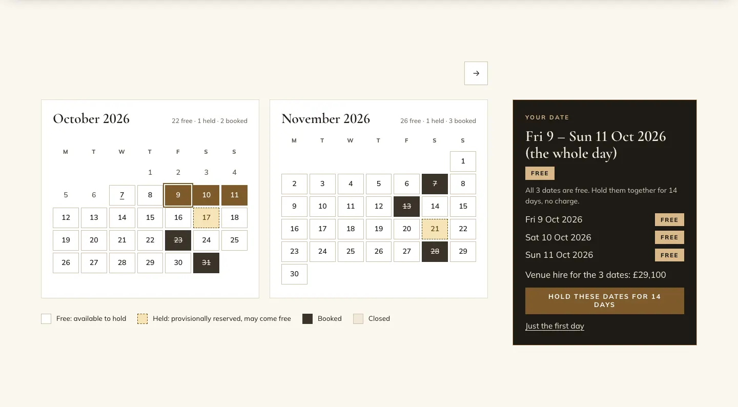The calendar after choosing Friday 9 to Sunday 11 October: the panel reads "Fri 9 – Sun 11 Oct 2026 (the whole day)", says all 3 dates are free, lists each date as Free, shows venue hire for the 3 dates as £29,100, and has a Hold these dates for 14 days button and a "Just the first day" link