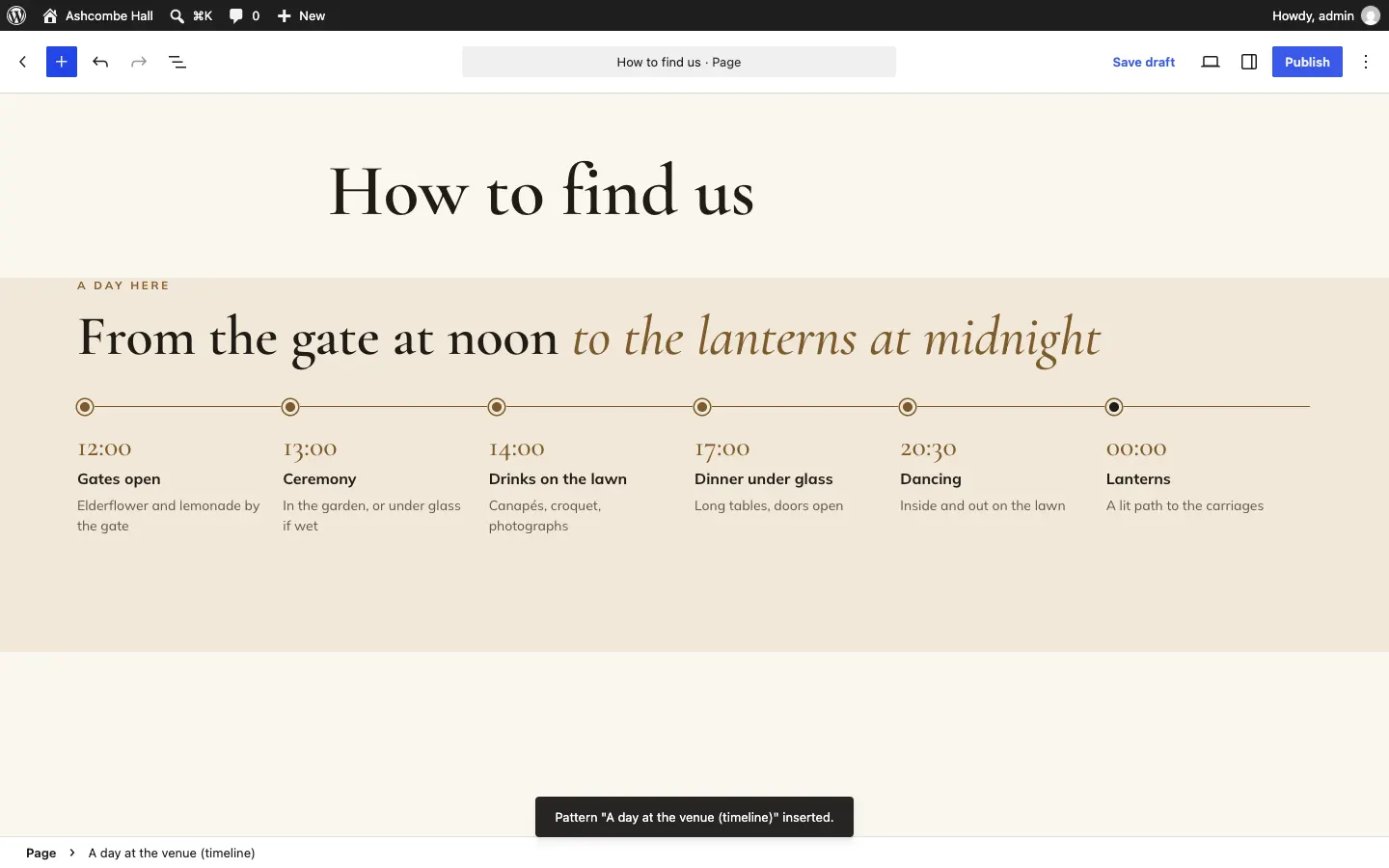 A contact section added to a new page titled "How to find us", showing the address with Get directions, the phone number and email filled in from the settings, with the message 'Pattern … inserted.' at the bottom