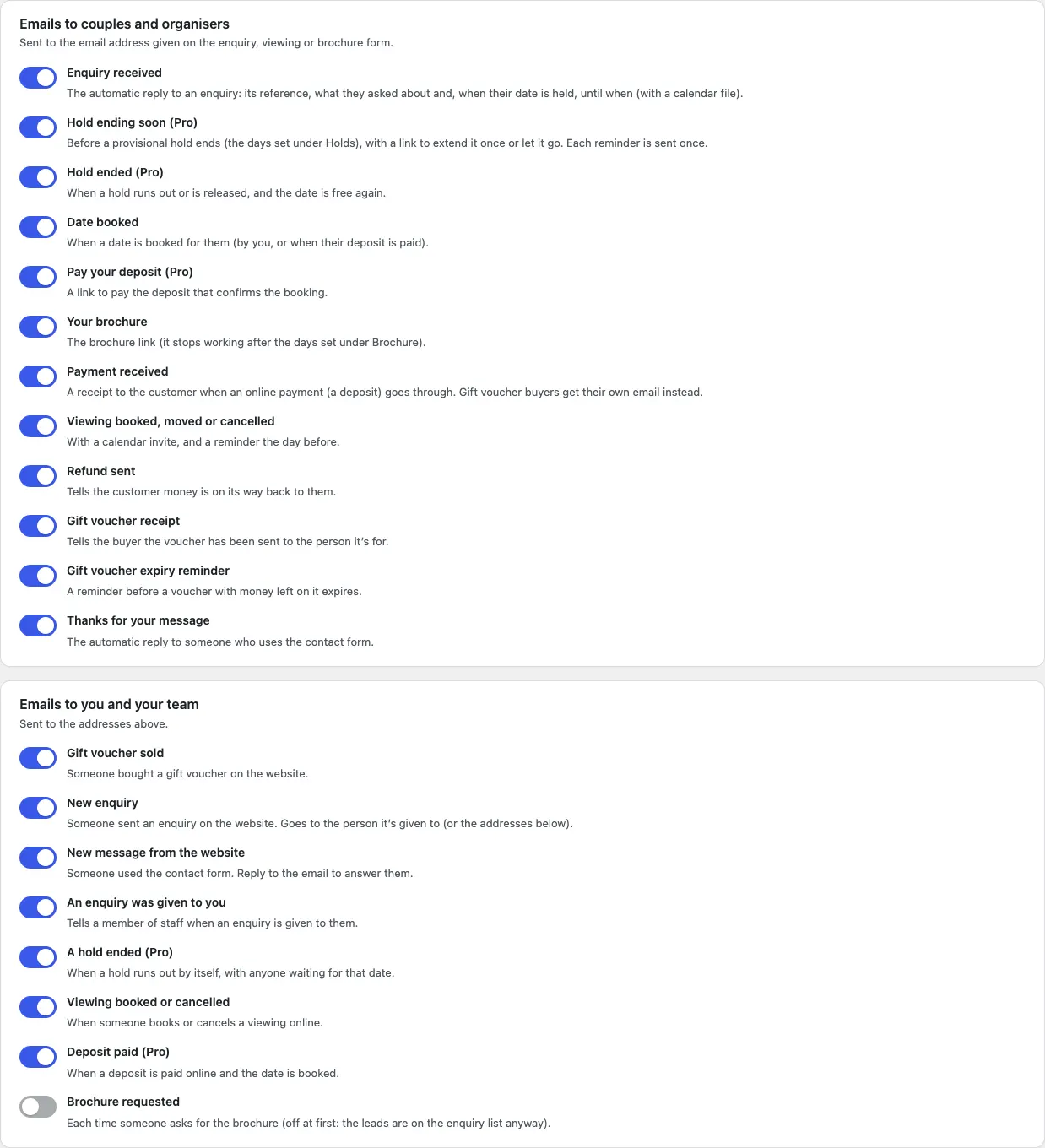 The Emails to couples and organisers and Emails to you and your team cards, with a switch for each email and a line saying who gets it and when, all switched on