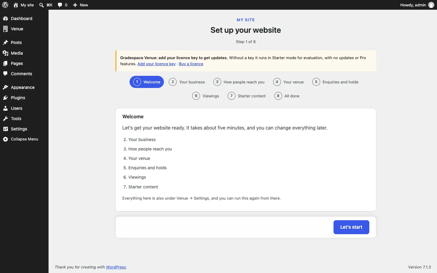 The setup wizard after the Gradespace Venue plugin is activated, now with the kit's own steps in the bar, and the yellow notice "Gradespace Venue: add your licence key to get updates" with links Add your licence key and Buy a licence