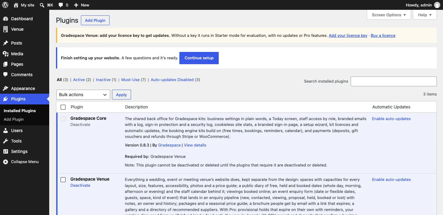 The Installed Plugins list showing Gradespace Venue, "Requires: Gradespace Core", and Gradespace Core, "Required by: Gradespace Venue", both active