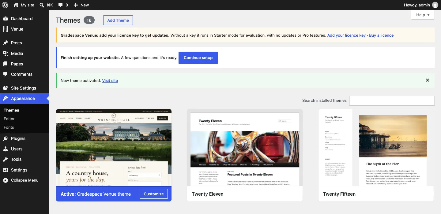 The Themes screen with "Active: Gradespace Venue", a notice "New theme activated", the blue "Finish setting up your website" notice with a Continue setup button, and the Site Settings menu on the left