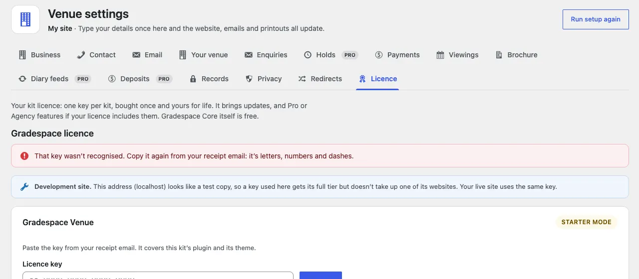 The Licence tab with a red message: "That key wasn't recognised. Copy it again from your receipt email: it's letters, numbers and dashes."