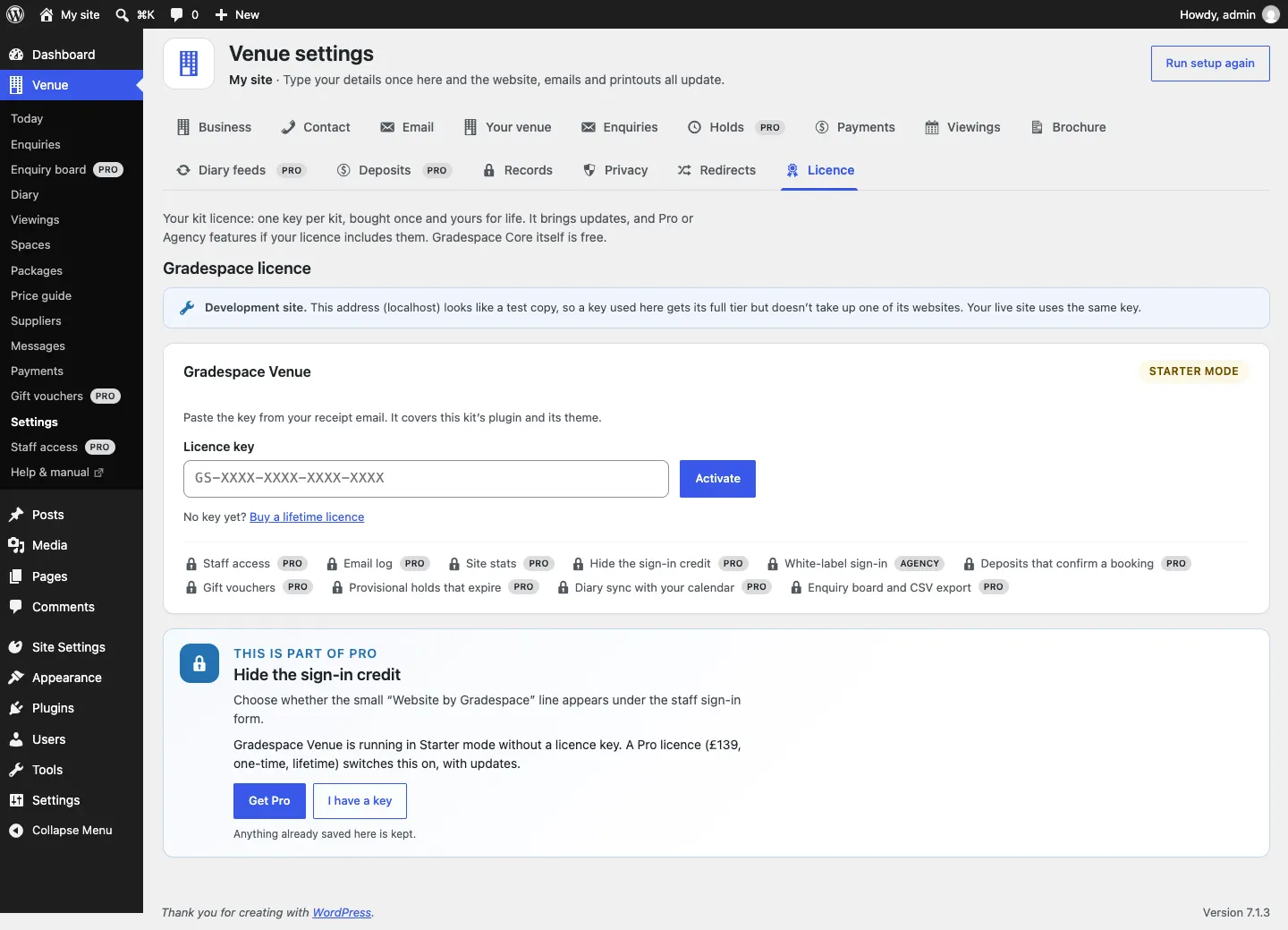 The Licence tab with the Gradespace Venue card in Starter mode: an empty Licence key box showing GS-XXXX-XXXX-XXXX-XXXX, an Activate button, the link "No key yet? Buy a lifetime licence", and a row of locked features marked Pro or Agency
