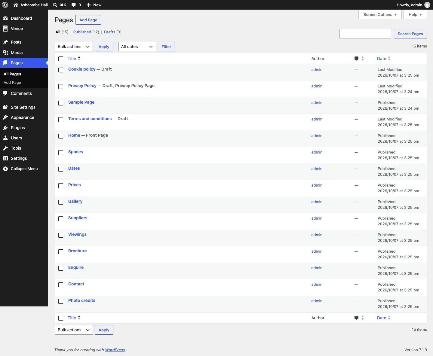 The Pages list after the setup wizard, with Home marked Front Page, the published starter pages, and the legal pages Cookie policy, Privacy Policy and Terms and conditions marked Draft