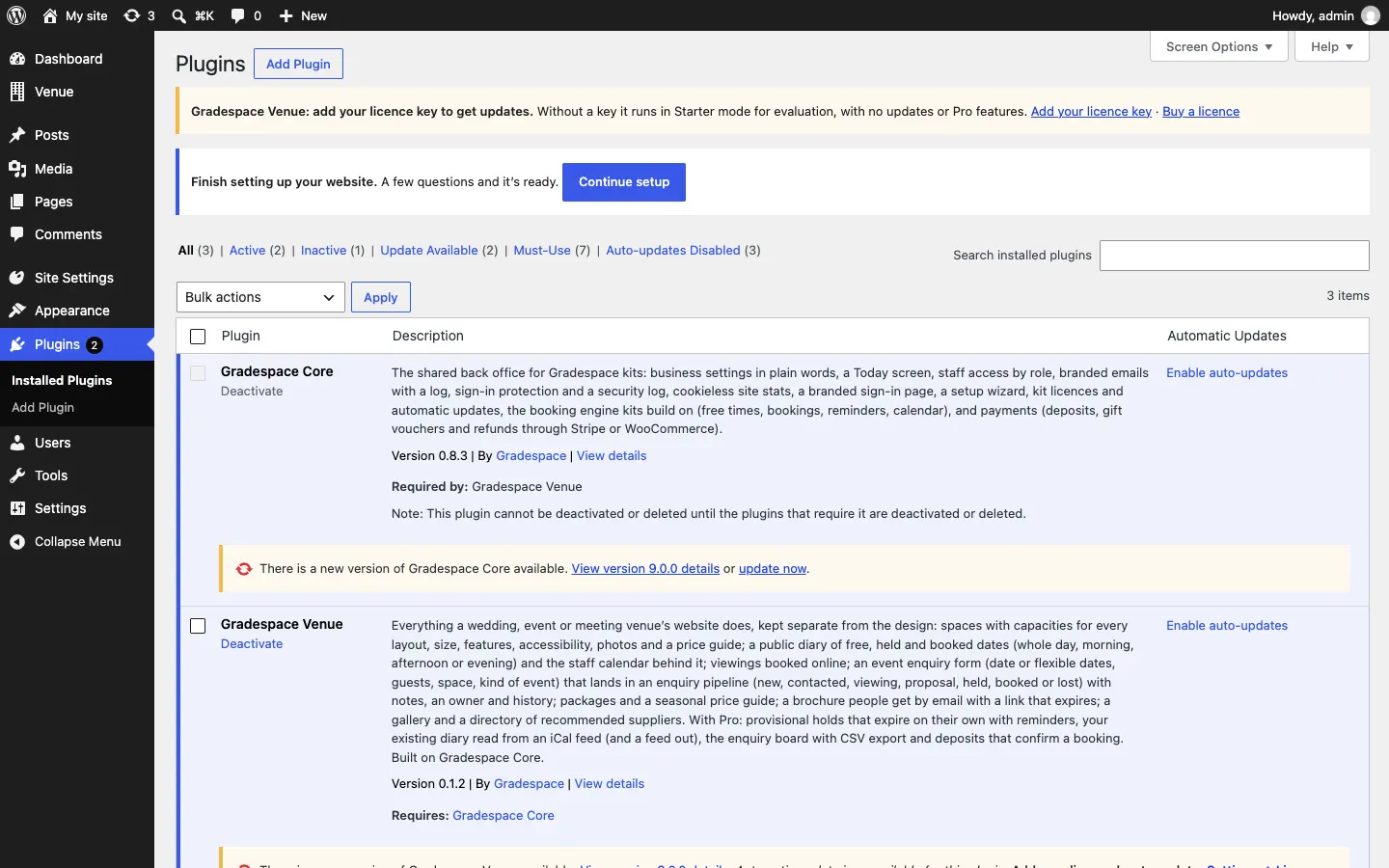 The Plugins screen without a licence key: under Gradespace Venue, "There is a new version of Gradespace Venue available. View version details. Automatic update is unavailable for this plugin. Add your licence key to update: Settings → Licence.", while Gradespace Core offers "update now"