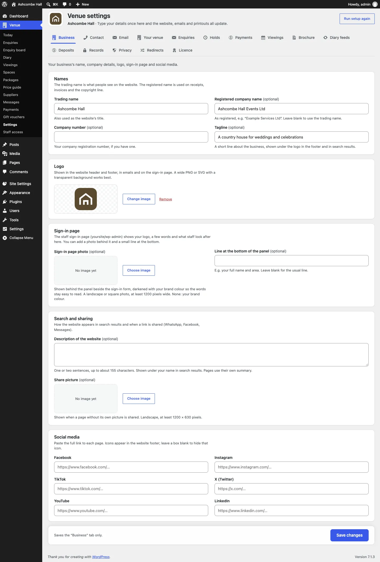 The whole Business tab: the Names card, the Logo card with the logo chosen, then the Sign-in page, Search and sharing and Social media cards, with Save changes at the bottom