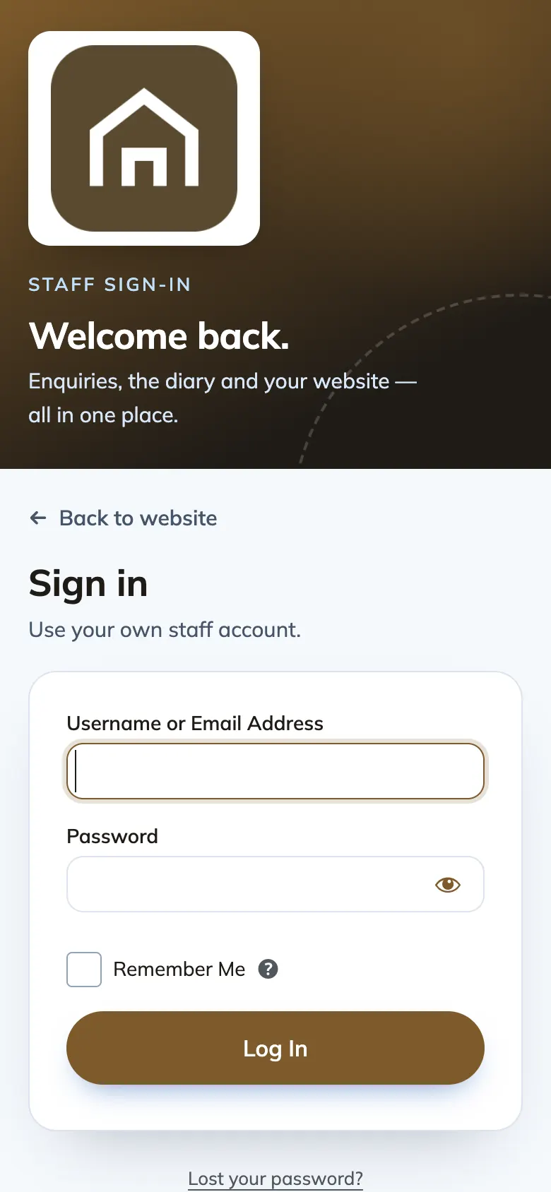 The staff sign-in page on a phone, with the logo and a short banner at the top and the sign-in form below
