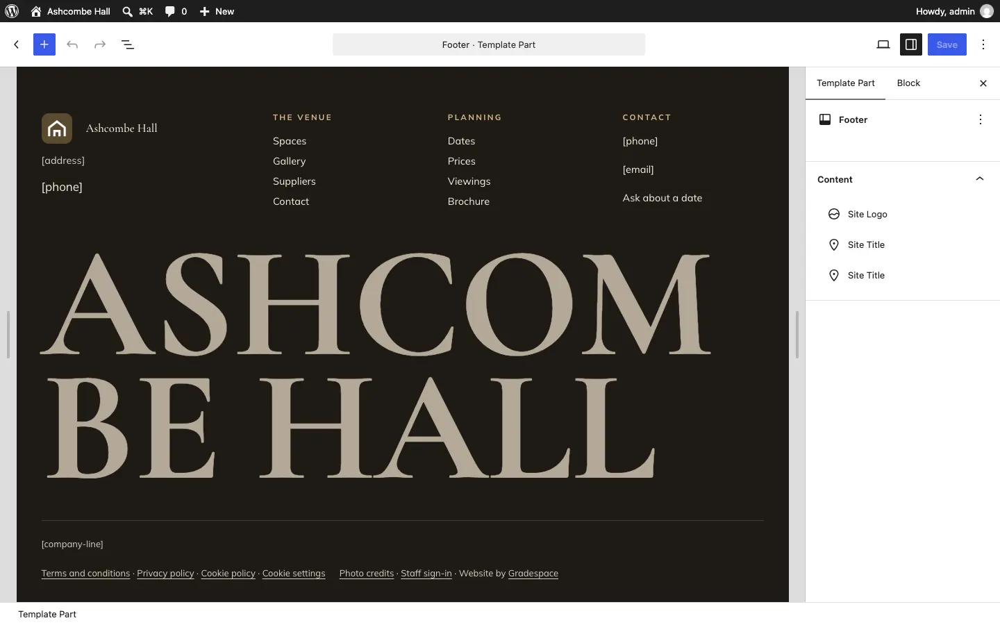 The Footer template part open in the editor, showing the logo, tagline, columns of links, the Visit us and Contact columns and the bottom line, with a Save button at the top right