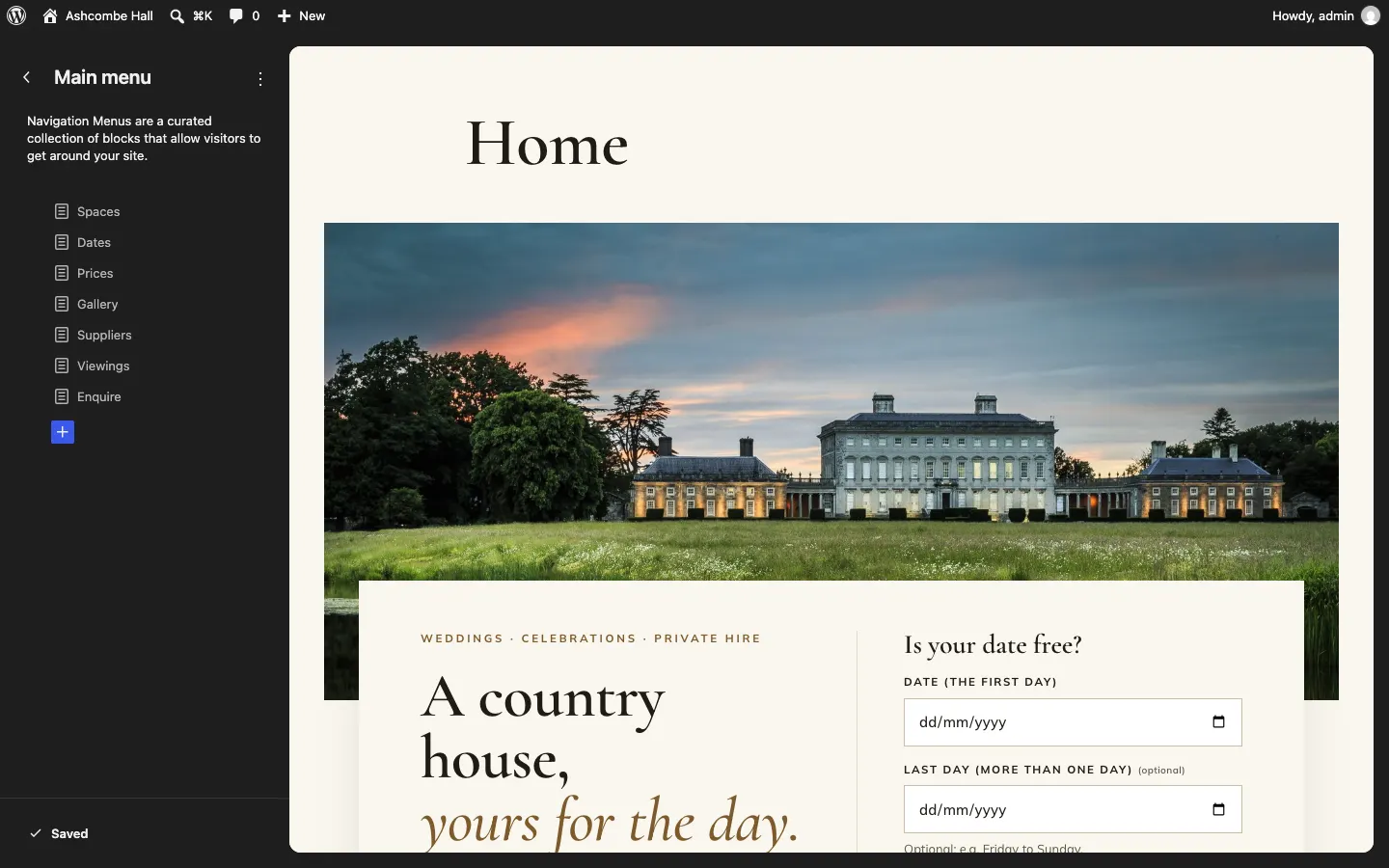 Navigation in the Site Editor: with only one menu, it opens the Main menu straight away, listing Spaces, Dates, Prices, Gallery, Suppliers, Viewings and Enquire, with the home page on the right