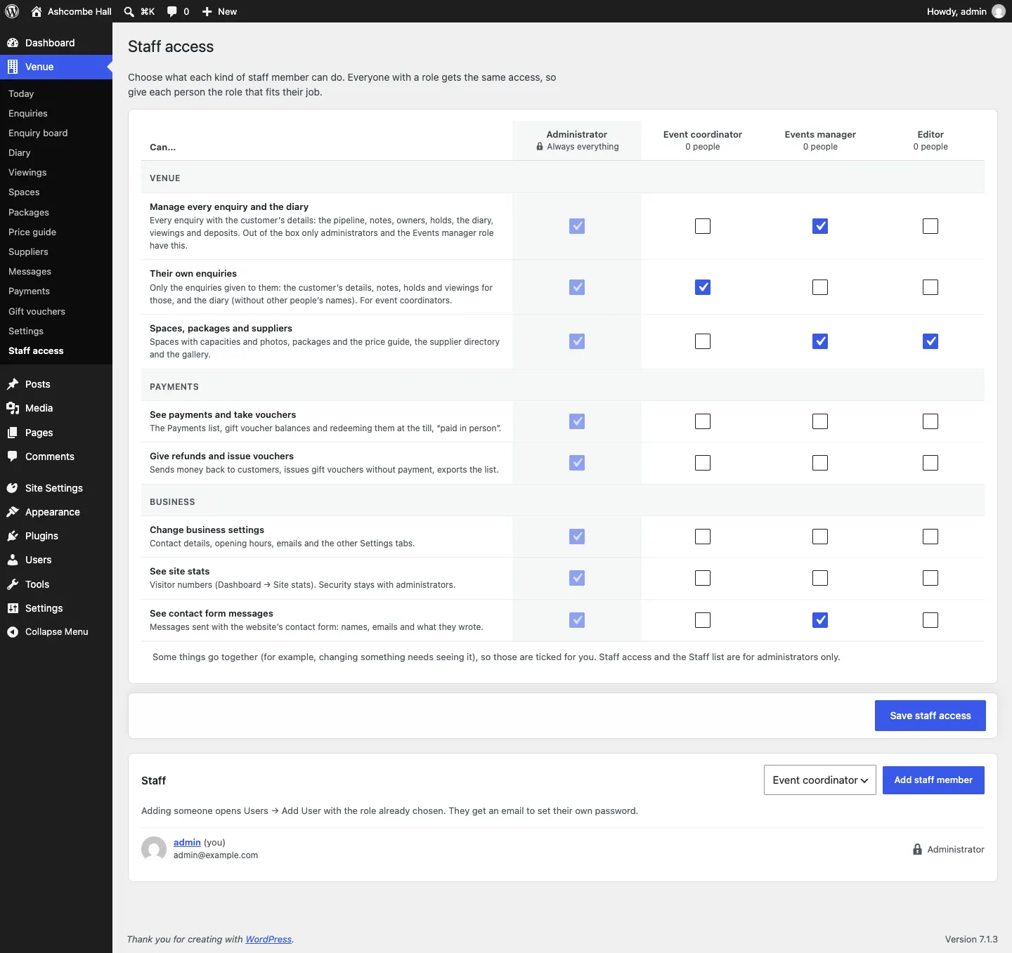 The Staff access grid for Venue, with columns Administrator (Always everything), Event coordinator, Events manager and Editor, and rows of what each role can do, grouped by area, with Save staff access below and the Staff card at the bottom