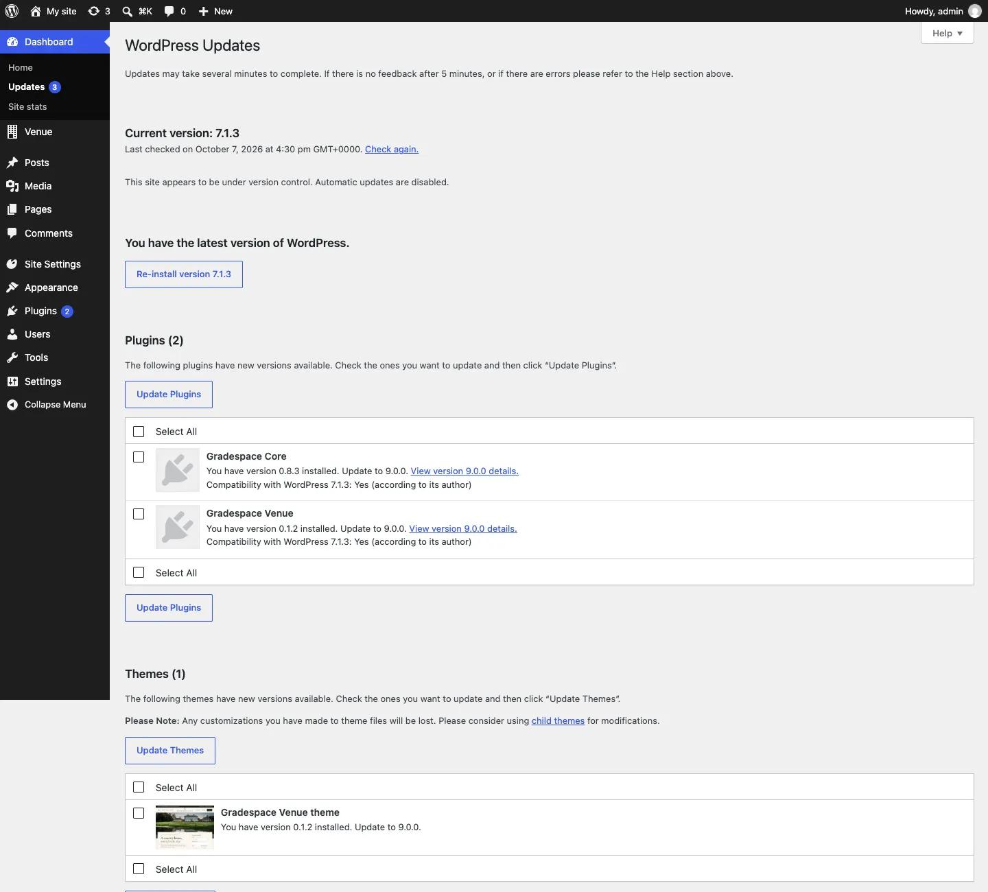 The WordPress Updates screen listing Gradespace Venue and Gradespace Core under Plugins (2), each with "You have version … installed. Update to …" and a View details link, and the Gradespace Venue theme under Themes (1), with Update Plugins and Update Themes buttons