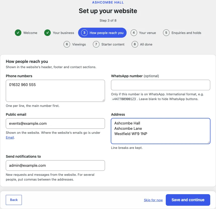 Step 3 of 8, How people reach you, with a phone number, events@example.com, the address Ashcombe Hall, Ashcombe Lane, Westfield, and the Send notifications to box