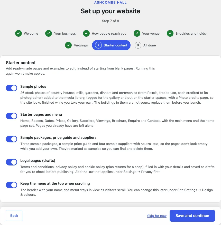 Step 7 of 8, Starter content, with switches for Sample photos, Starter pages and menu, Sample packages, price guide and suppliers, Legal pages (drafts) and Keep the menu at the top when scrolling