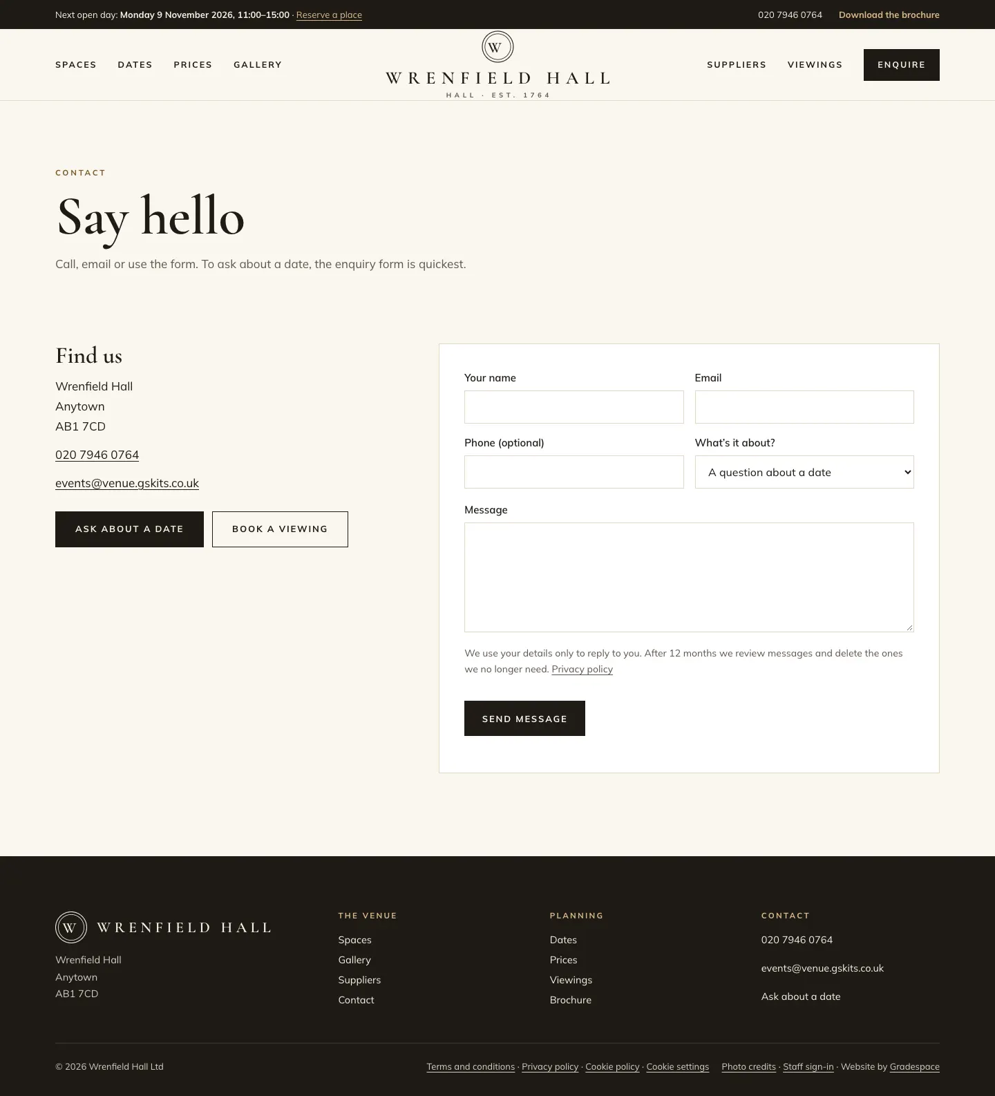 The Contact page, "Say hello": Find us with the address, phone and email, Ask about a date and Book a viewing buttons, and the contact form with Your name, Email, Phone (optional), What's it about?, Message, a privacy note and a Send message button