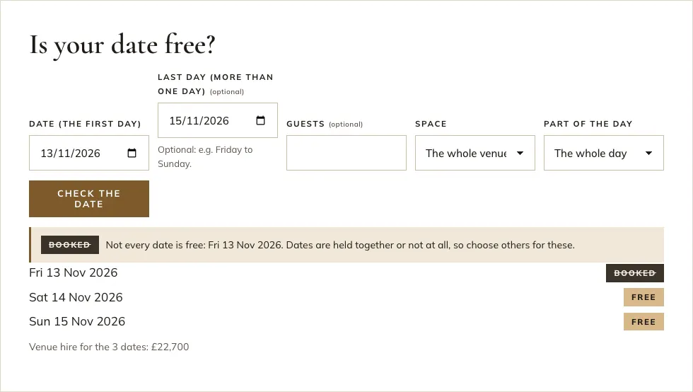 The date checker for Friday 13 to Sunday 15 November: a Booked badge and the message "Not every date is free: Fri 13 Nov 2026. Dates are held together or not at all, so choose others for these.", with Fri 13 Nov marked Booked and the other two Free