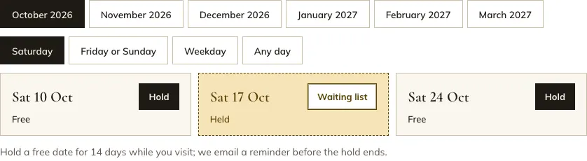 The date finder: buttons for October 2026 to March 2027 and for Saturday, Friday or Sunday, Weekday and Any day, with three results: Sat 10 Oct Free with a Hold button, Sat 17 Oct Held with a Waiting list button, and Sat 24 Oct Free with a Hold button