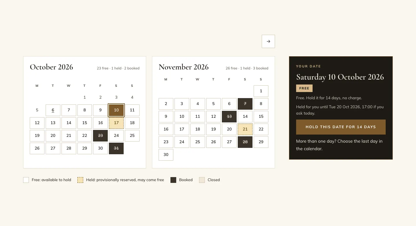 The Dates page calendar for October and November 2026: past days greyed out, Saturday 17 October dashed for held, 23 and 31 October dark and struck through for booked, a key underneath, November with 7, 13 and 28 booked and 21 held, and a dark "Your date" panel for Saturday 10 October saying it is free, would be held until Tue 20 Oct 2026, 17:00, with a Hold this date for 14 days button