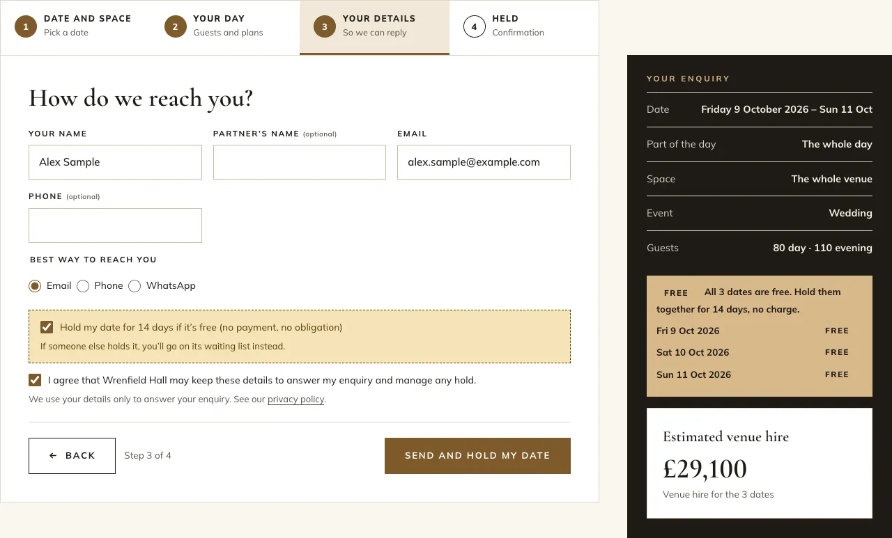 Step 3, "How do we reach you?", filled in for Alex Sample with the hold box and the consent box ticked and a Send and hold my date button; on the right the summary lists Friday 9 October 2026 – Sun 11 Oct, The whole day, The whole venue, Wedding, 80 day and 110 evening guests, all three dates Free, and an estimated venue hire of £29,100 for the 3 dates