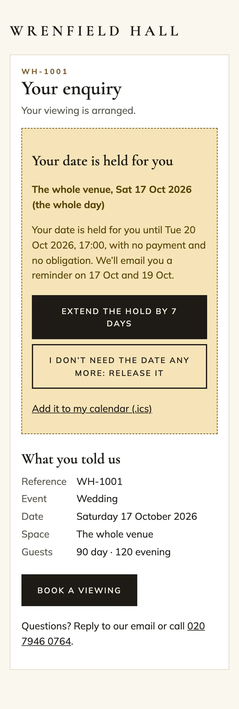 The same page on a phone, with the hold box and buttons stacked full width