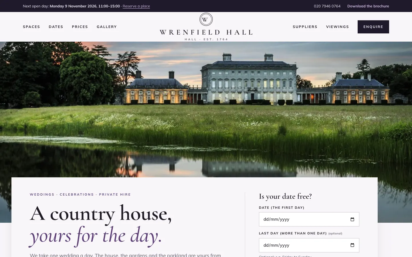 The Estate design with the Dusk palette: the same home page as before, but the top bar and Enquire button are deep navy and the italic words of the headline are purple