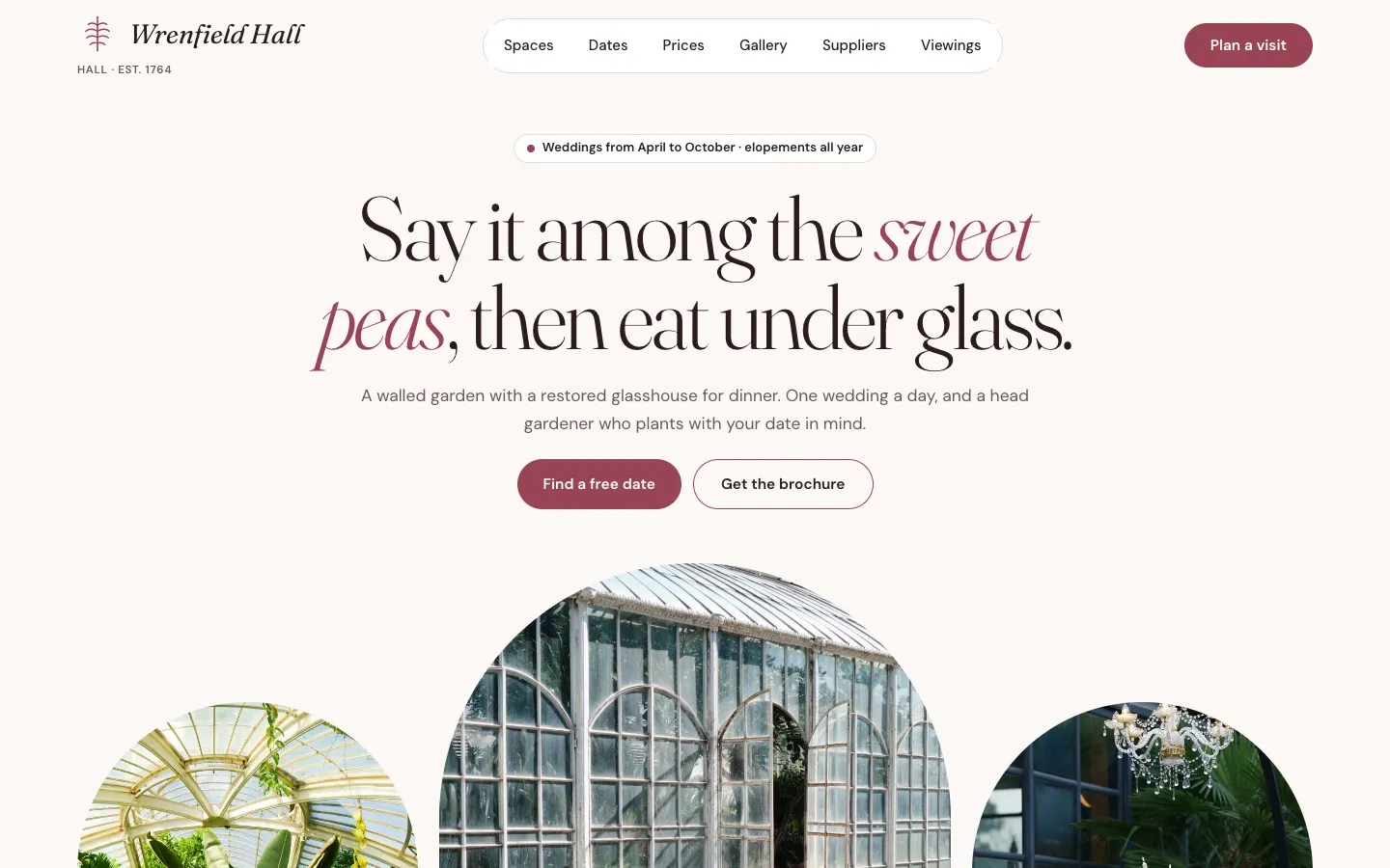 The Garden design with the Blush palette: the Plan a visit and Find a free date buttons and the italic words of the headline are a deep rose instead of green