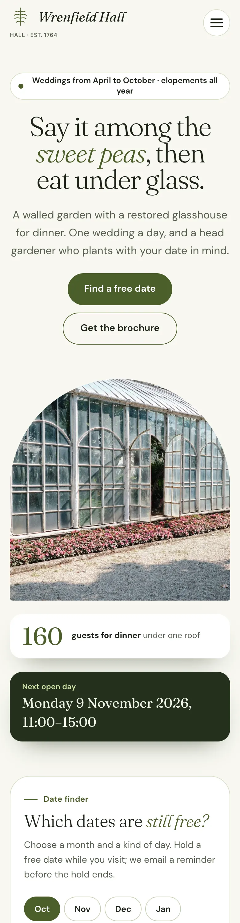 The Garden design on a phone, with the headline, the Find a free date and Get the brochure buttons and the arched photos stacked down the page