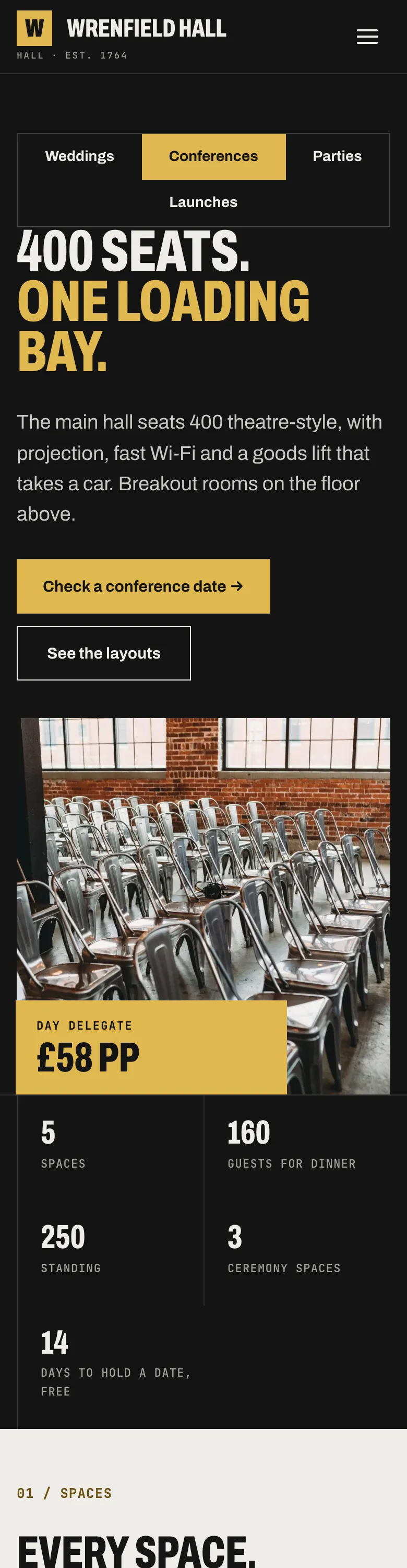 The Loft design on a phone: the menu folds into a button, the event tabs wrap onto two rows, and the headline, buttons and photo stack one above the other