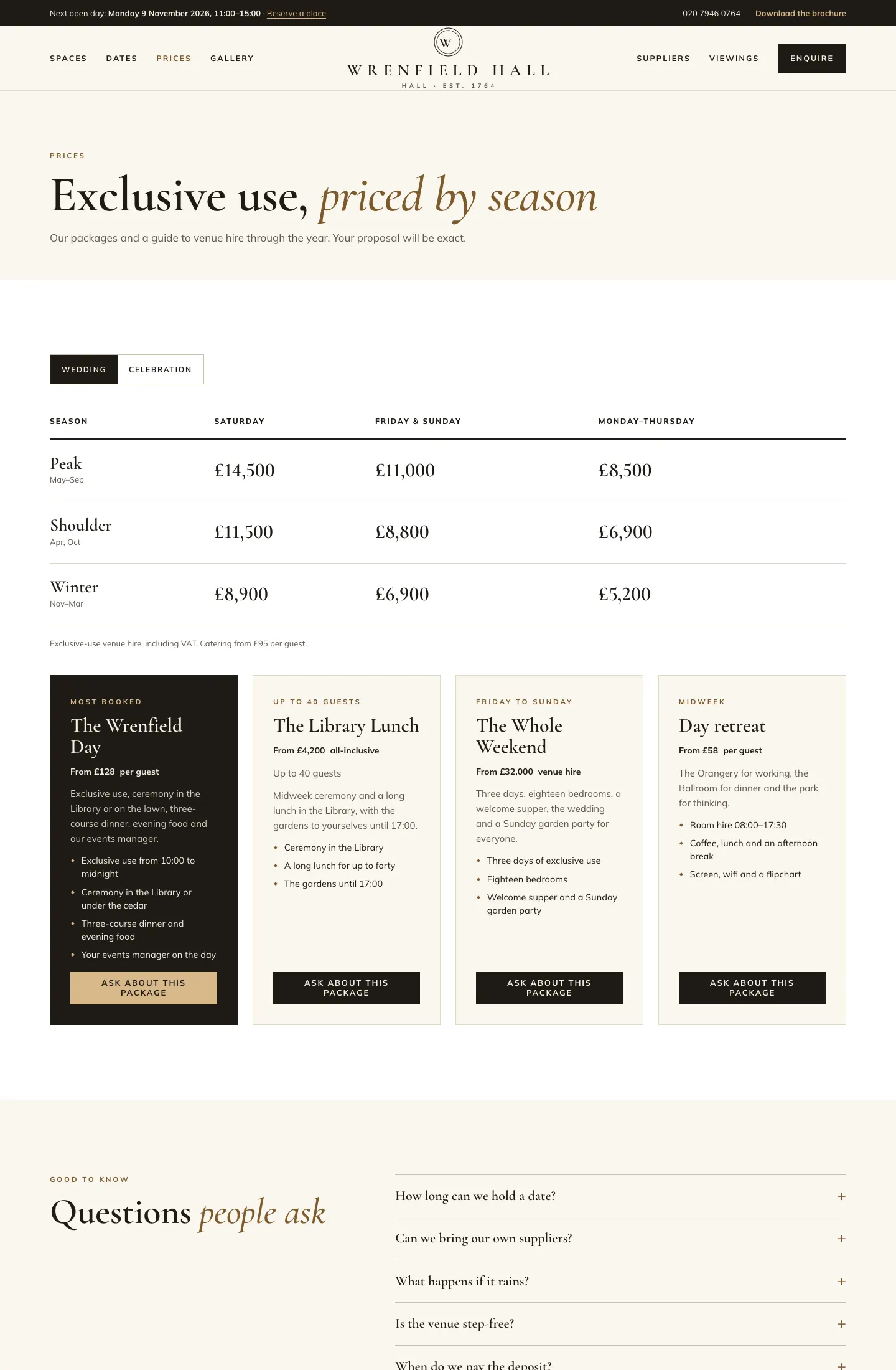 The Prices page: "Exclusive use, priced by season", Wedding and Celebration buttons above a table of seasons (Peak May–Sep, Shoulder Apr, Oct, Winter Nov–Mar) by Saturday, Friday & Sunday and Monday–Thursday, for example £14,500 for a peak Saturday; a note "Exclusive-use venue hire, including VAT. Catering from £95 per guest."; and four package cards: The Wrenfield Day (Most booked, from £128 per guest, shown dark), The Library Lunch, The Whole Weekend and Day retreat, each with an Ask about this package button