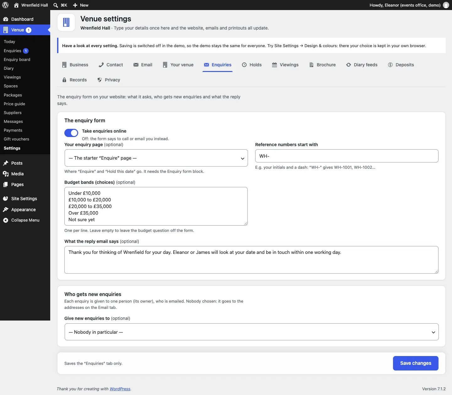 The Enquiries settings tab with Take enquiries online, Your enquiry page, Reference numbers start with, Budget bands, What the reply email says, and Give new enquiries to