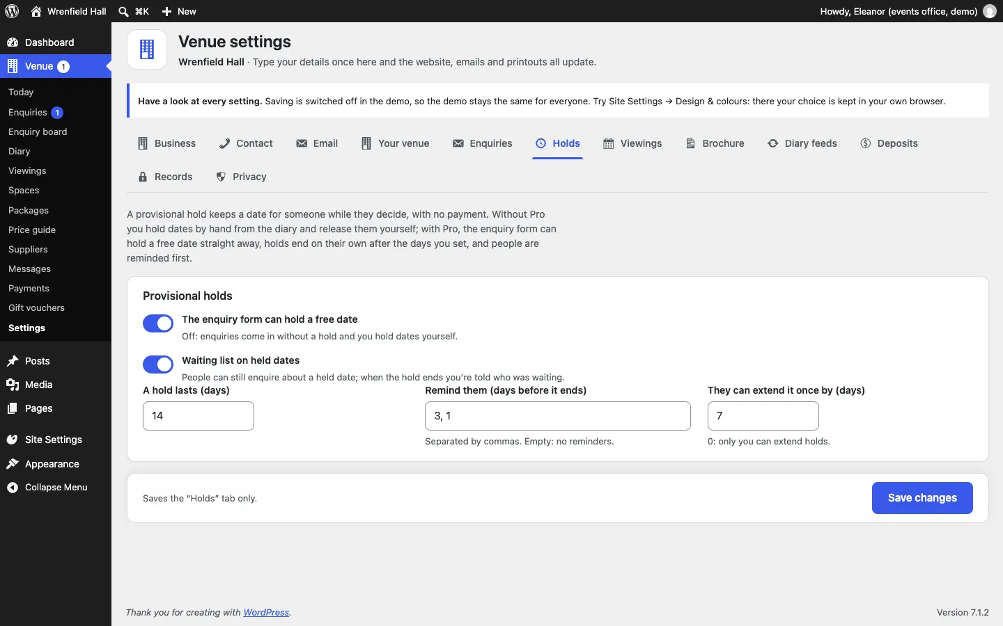 The Holds settings tab: an explanation of provisional holds, switches for "The enquiry form can hold a free date" and "Waiting list on held dates", and boxes for A hold lasts (days), Remind them (days before it ends) and They can extend it once by (days)