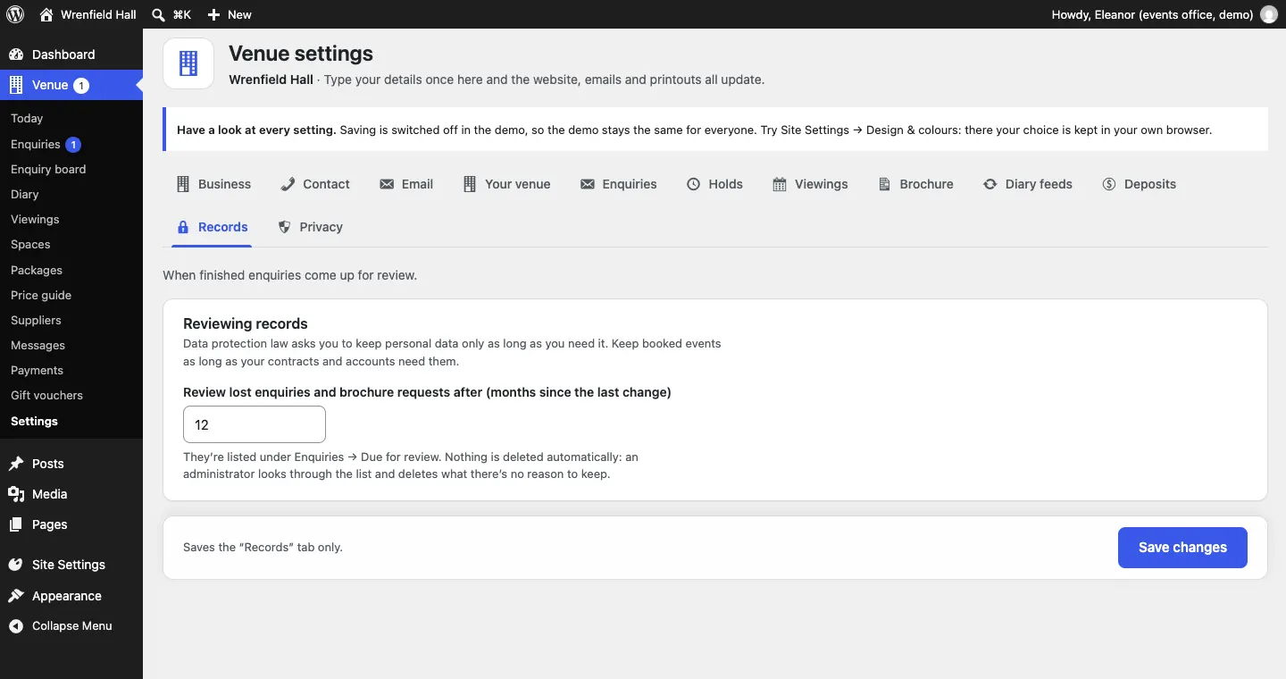 The Records settings tab: a note that the law asks you to keep personal data only as long as you need it, and the box Review lost enquiries and brochure requests after (months since the last change)