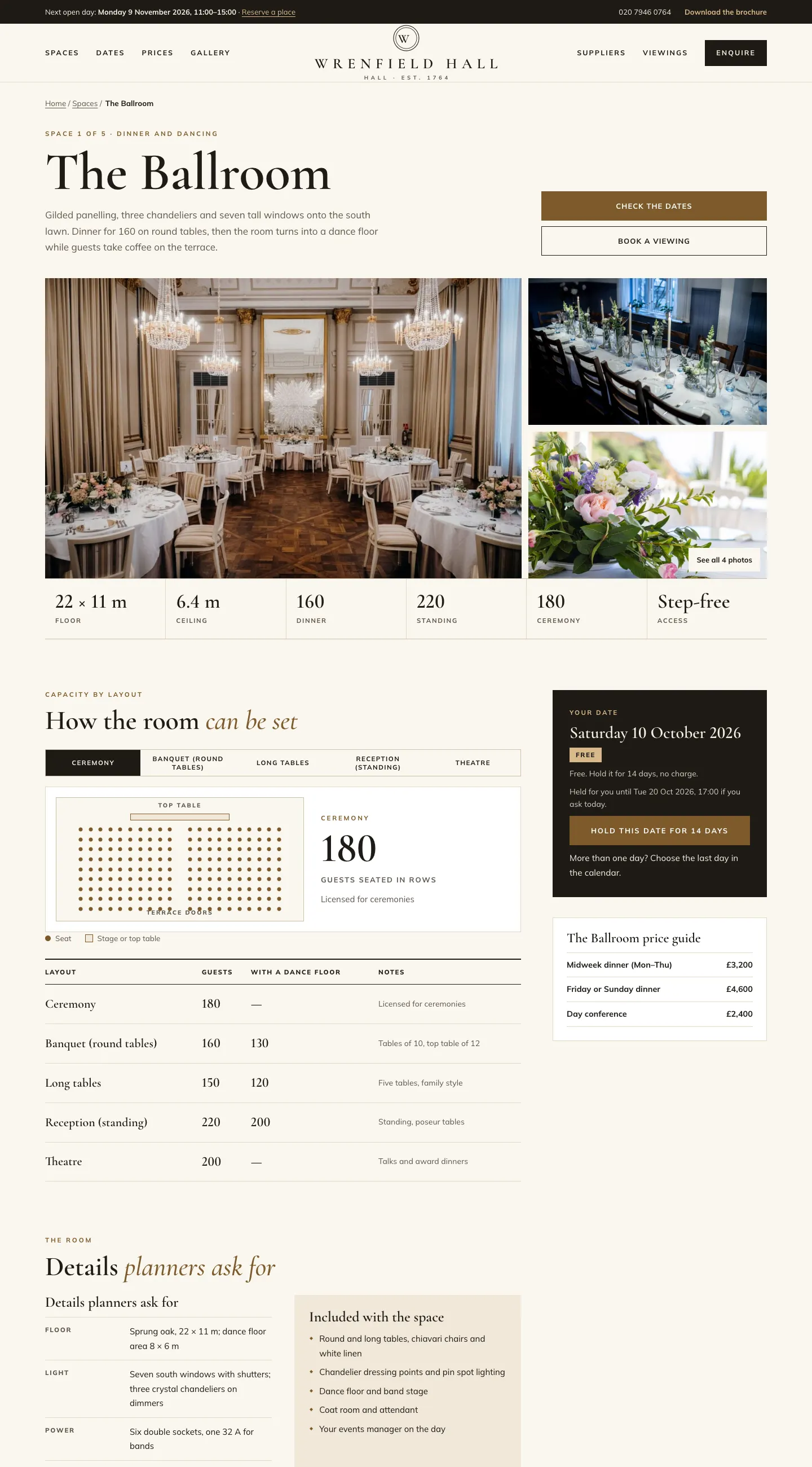 The Ballroom's page: the title and description with Check the dates and Book a viewing buttons, a large photo with two smaller ones, a row of facts (22 × 11 m floor, 6.4 m ceiling, 160 dinner, 220 standing, 180 ceremony, step-free), tabs for each layout with a dotted seating drawing for Ceremony, the capacity table, a dark "Your date" panel offering to hold Saturday 10 October, and The Ballroom price guide with three prices