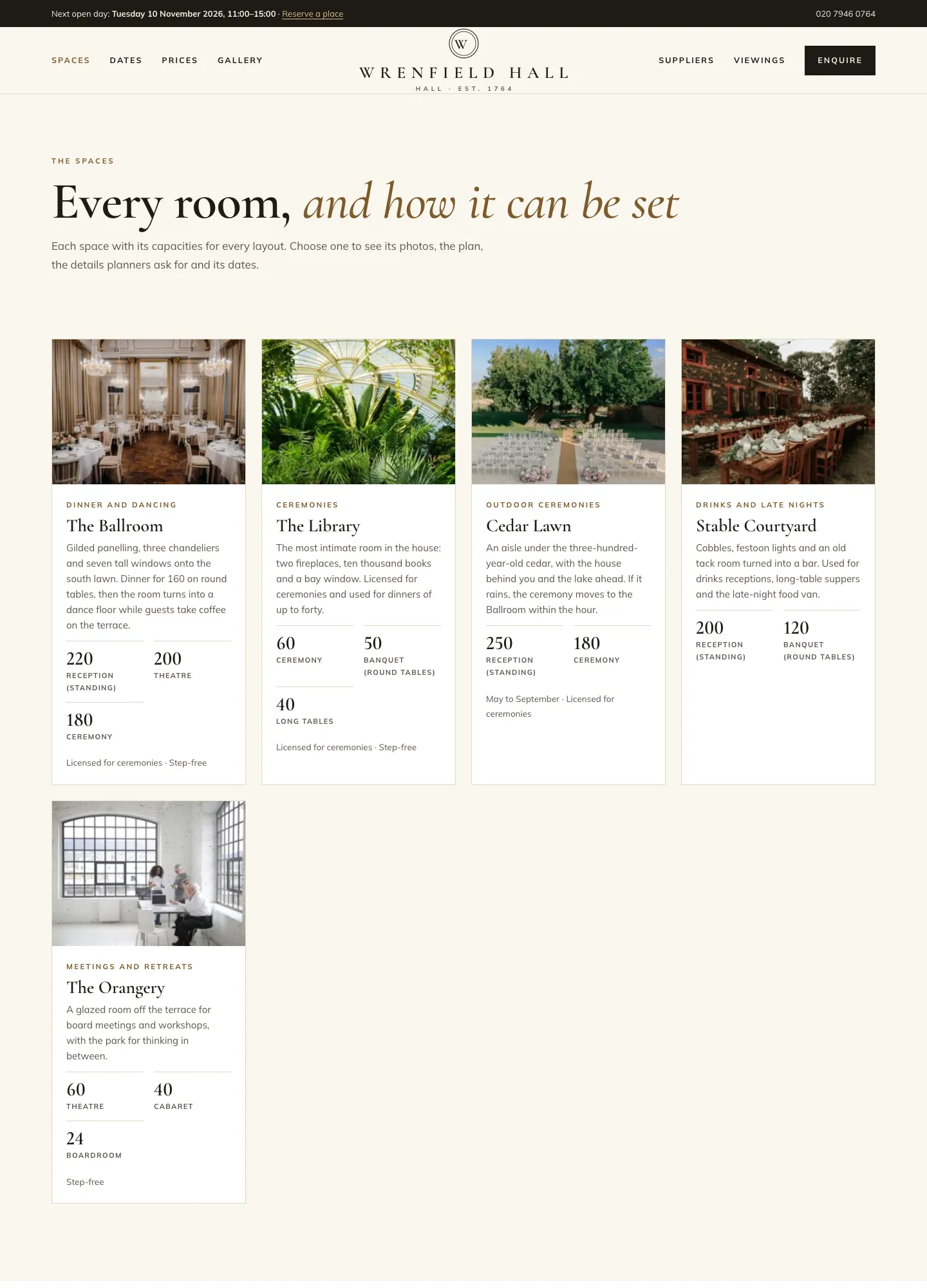 The Spaces page: the heading "Every room, and how it can be set" above five cards for The Ballroom, The Library, Cedar Lawn, Stable Courtyard and The Orangery, each with a photo, what it is used for, a few lines of description and two or three capacity figures such as 220 reception (standing), 200 theatre, 180 ceremony