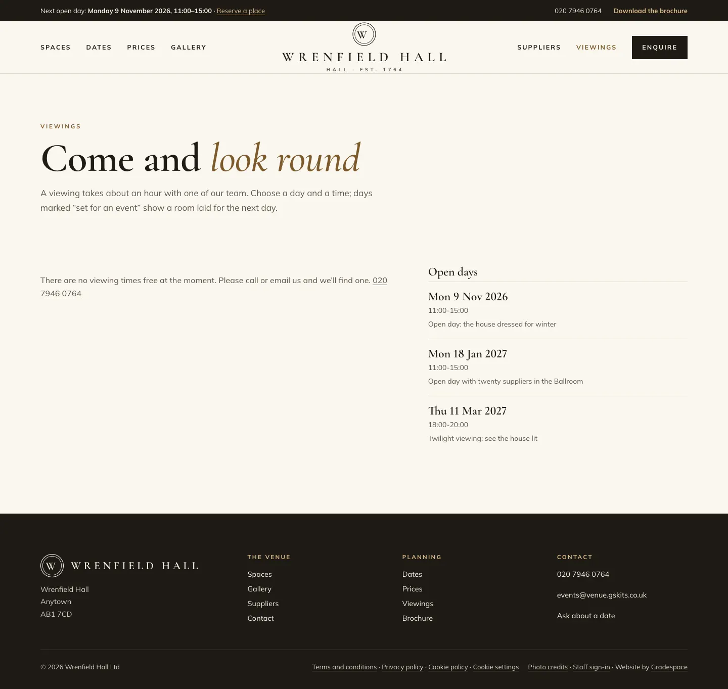 The Viewings page in the demo: the heading "Come and look round", the message "There are no viewing times free at the moment. Please call or email us and we'll find one." with the phone number, and on the right a list of three open days: Mon 9 Nov 2026 11:00-15:00, Mon 18 Jan 2027 11:00-15:00 and Thu 11 Mar 2027 18:00-20:00