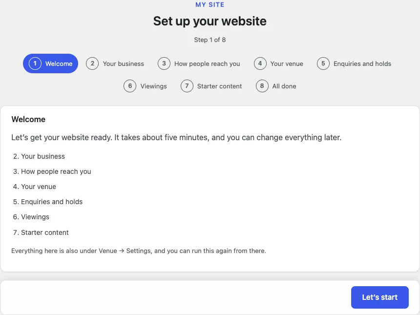 Step 1 of 8, Welcome: "Let's get your website ready. It takes about five minutes" with the numbered list of the steps ahead and a Let's start button