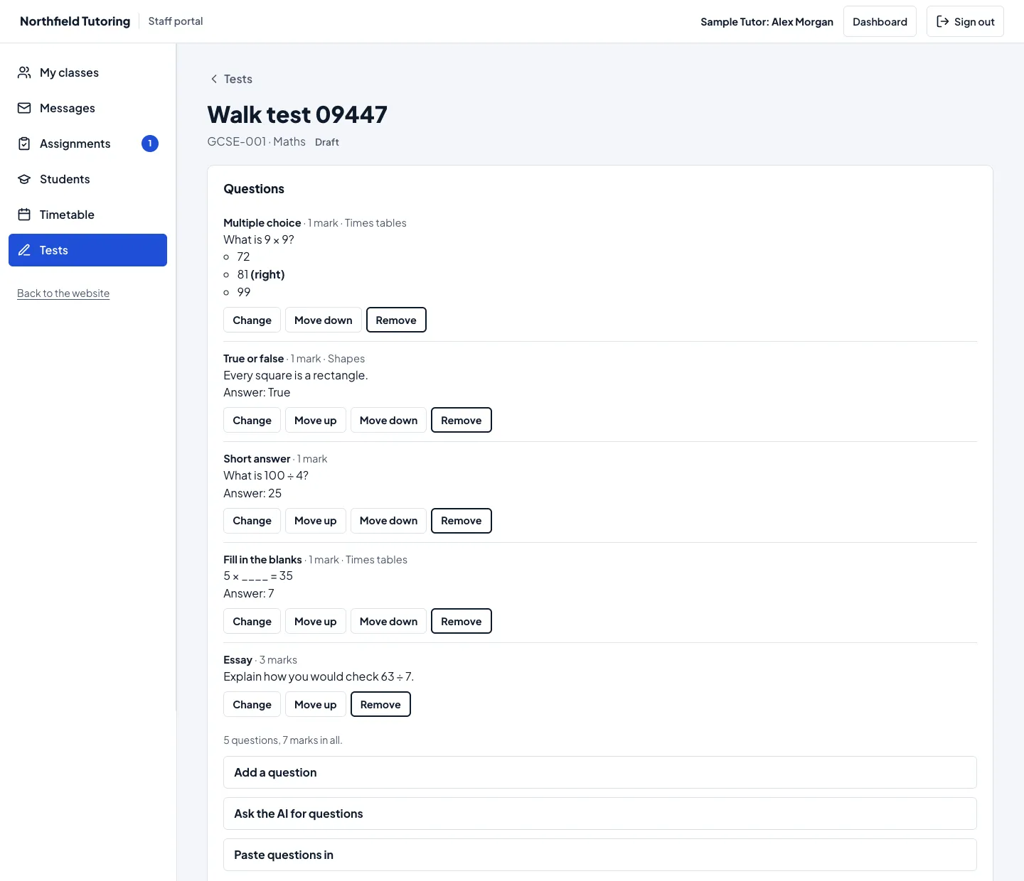 The test builder in the staff portal: five questions (multiple choice, true or false, short answer, fill in the blanks and an essay) with their marks and topics, Change, Move and Remove buttons, and Add a question, Ask the AI for questions and Paste questions in.