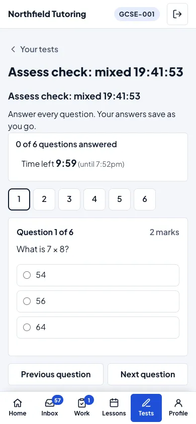 The same test on a phone: the question, its choices and the buttons stacked to fit the screen.