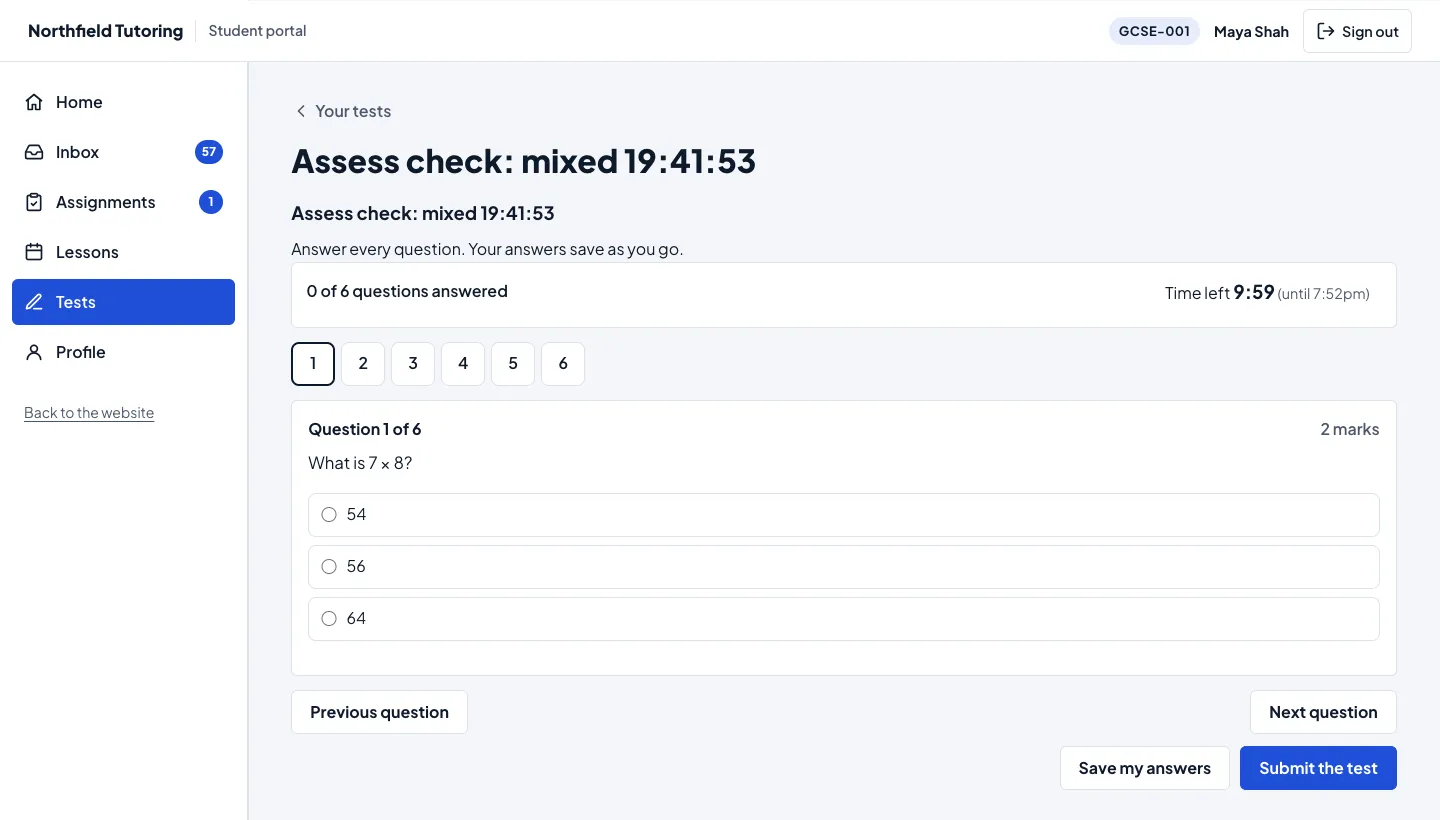 The student portal’s Tests tab: question 1 of 6, a multiple-choice question, the questions answered so far and the time left, with Previous, Next, Save my answers and Submit the test.