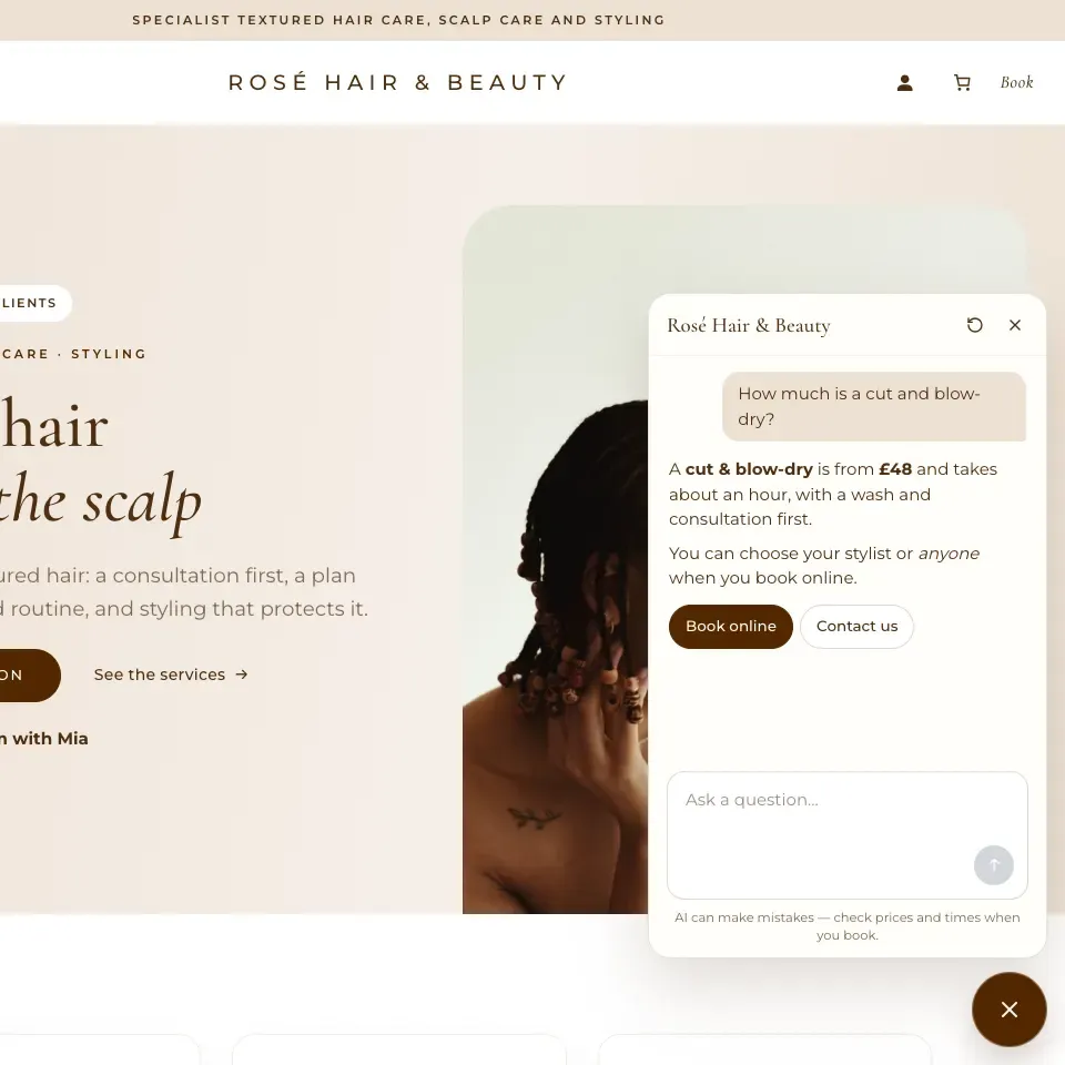 The Gradespace Assistant chat open on a salon website in the Atelier design: asked “How much is a cut and blow-dry?”, it answers that it’s from £48 and takes about an hour, with Book online and Contact us buttons under the answer.