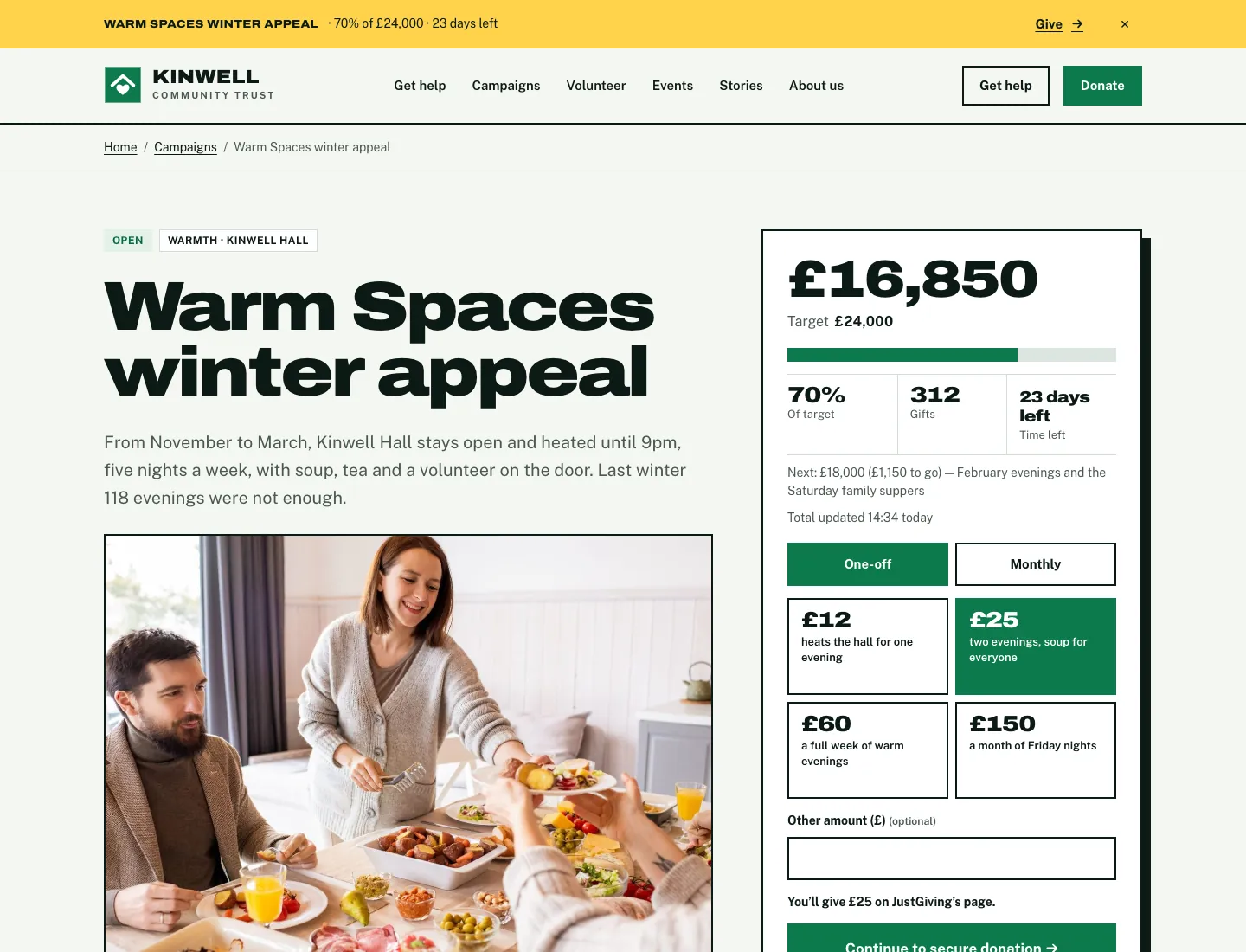 A campaign page in the Impact design on desktop: Open and the service as pills, the campaign’s title and summary over a photo, and beside it the total raised against the target with a progress bar, gifts, days left, the next milestone, when the total was updated, and the donate panel with one-off or monthly and amounts that say what each pays for