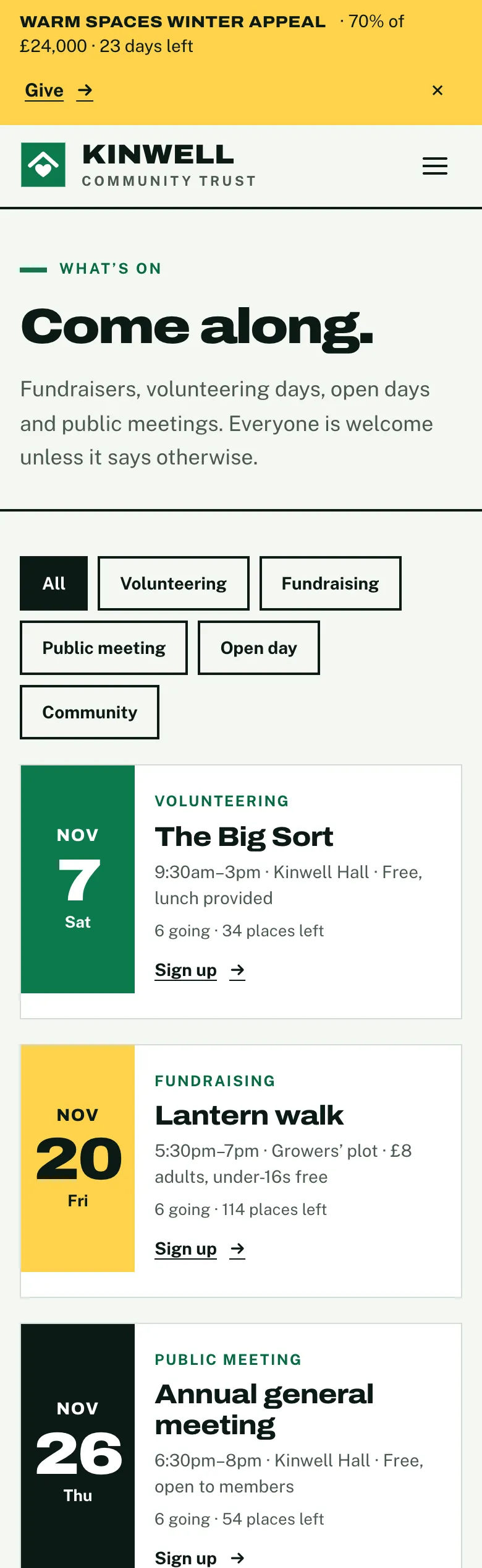 Events page in the Impact design on a phone: the filters and the first event cards with their date blocks and Sign up links