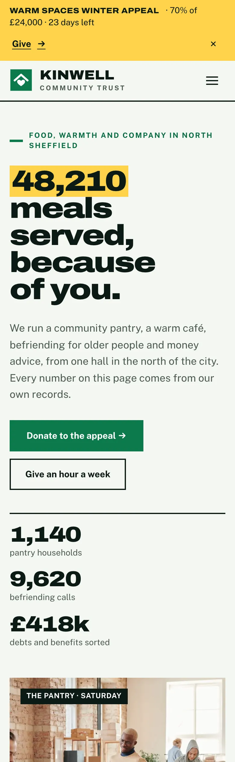 Charity home page in the Impact design on a phone: the appeal strip, the headline from the annual report, the two buttons and the year’s figures stacked
