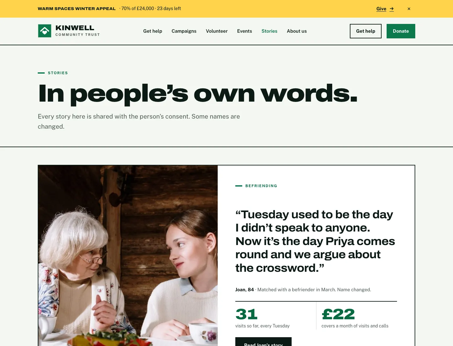 Stories page in the Impact design on desktop: “In people’s own words.”, a note that every story is shared with consent, and a featured story with a photo, its service, the person’s quote, first name and the line about consent