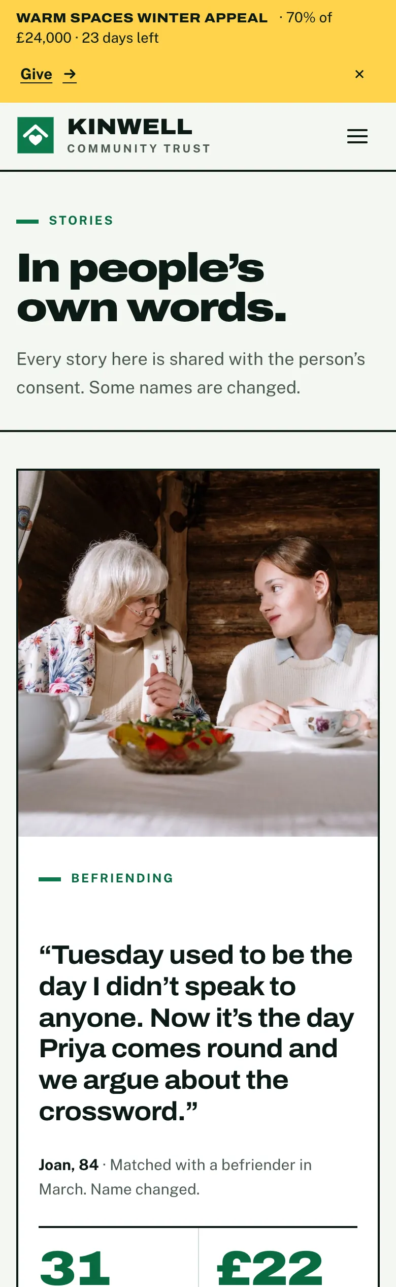 Stories page in the Impact design on a phone: the heading and the featured story with its photo, quote and consent line