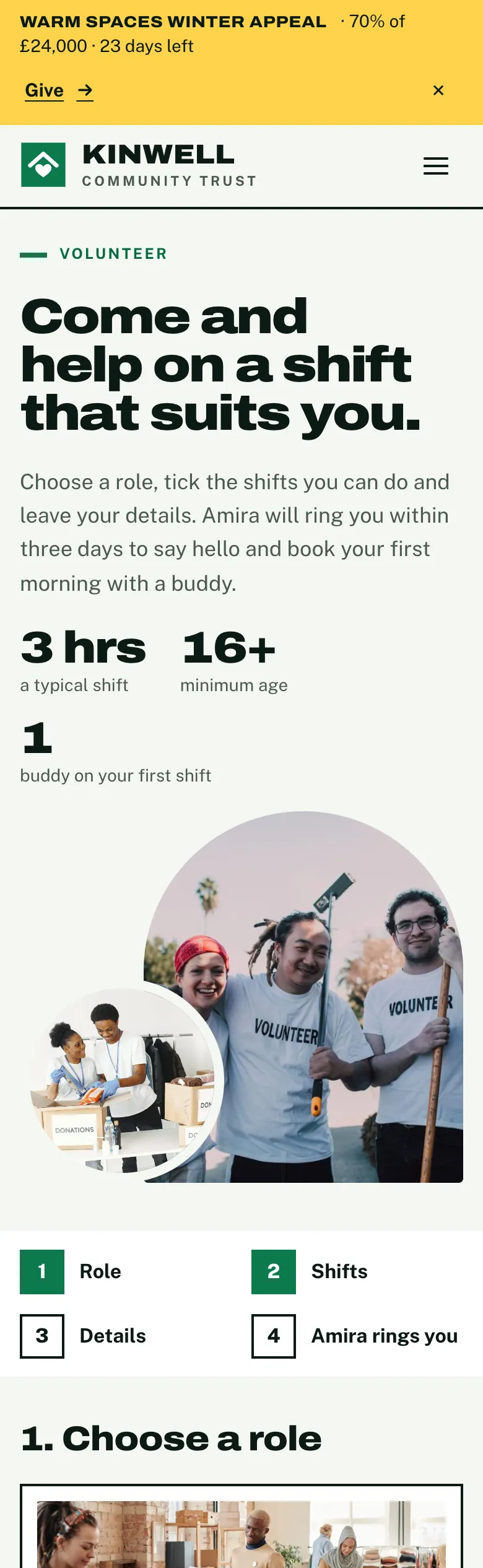 Volunteer page in the Impact design on a phone: the heading, the steps and the first role cards