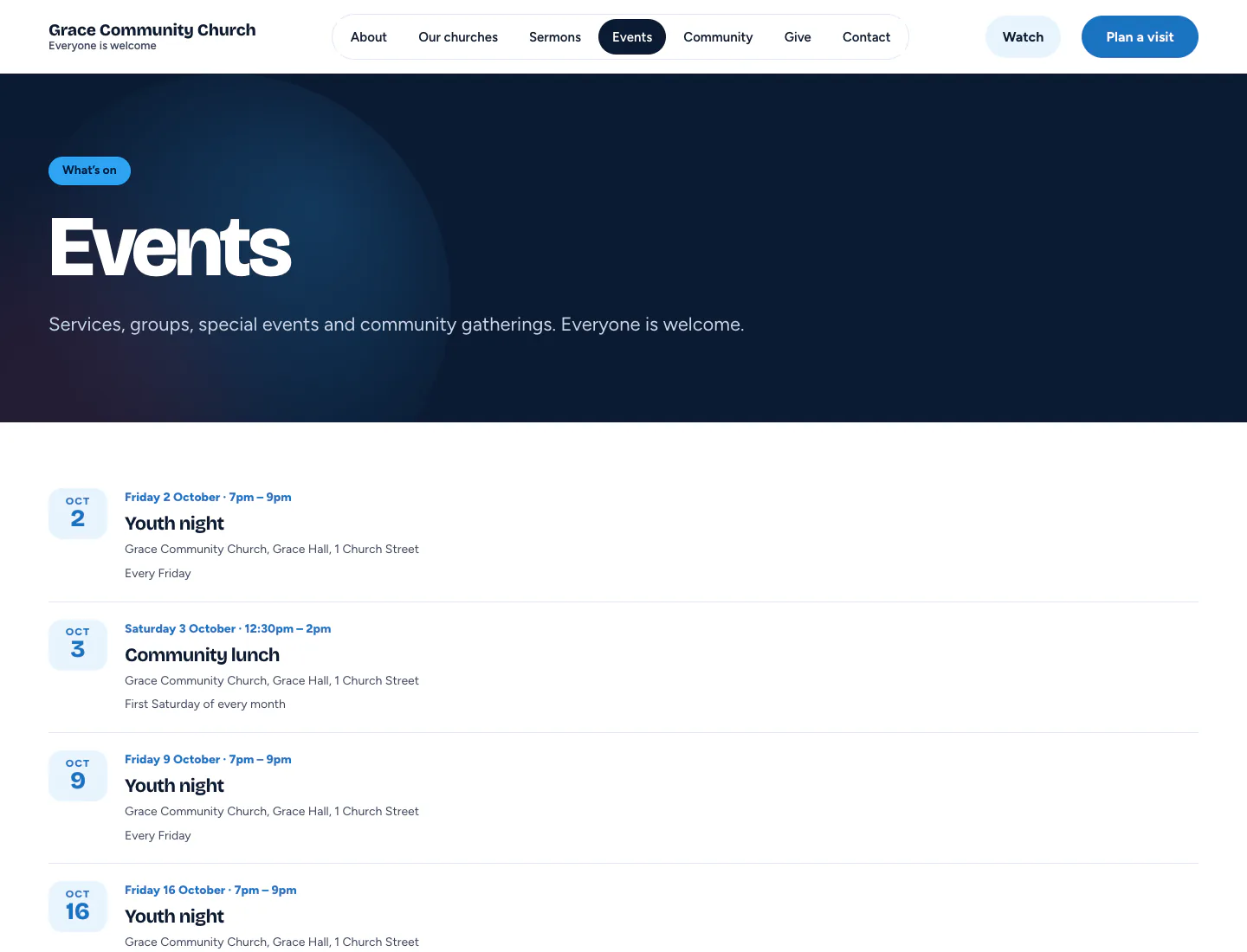 Church “Events” page in the Gathering design on desktop: events header and a dated list of upcoming events with times and venue