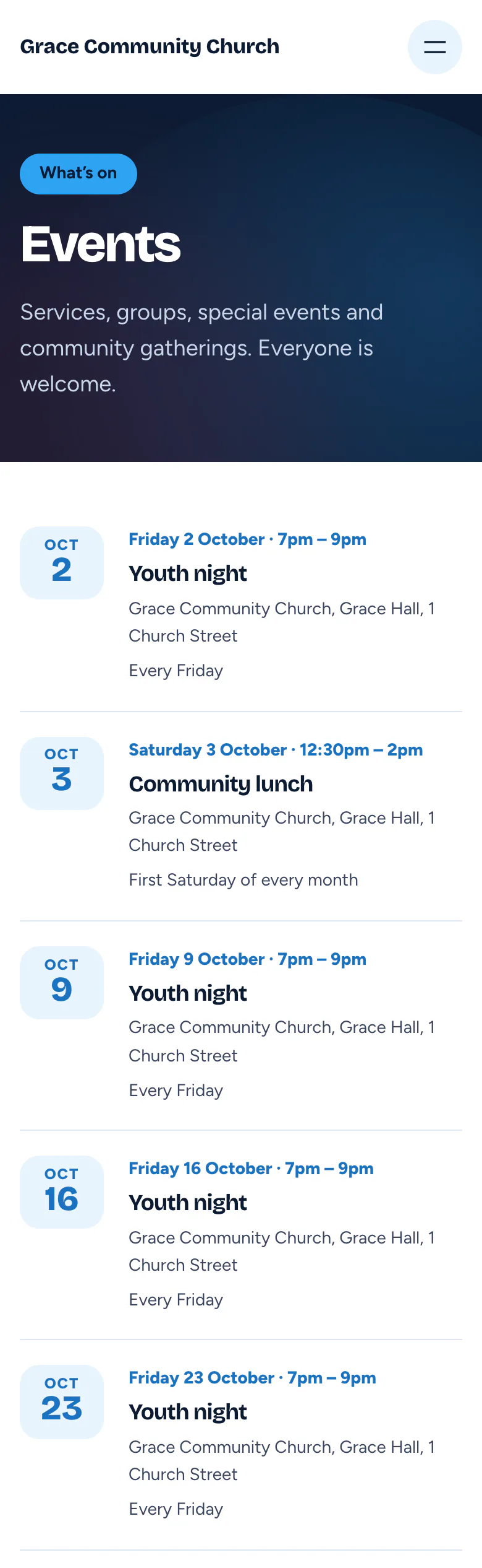 Church “Events” page in the Gathering design on a phone: events header and dated upcoming events with times and venue